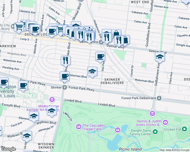 map of restaurants, bars, coffee shops, grocery stores, and more near 6031 Waterman Boulevard in St. Louis