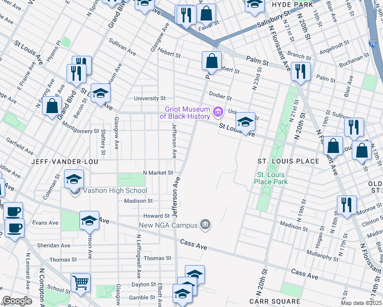 map of restaurants, bars, coffee shops, grocery stores, and more near 2548 Warren Street West in St. Louis