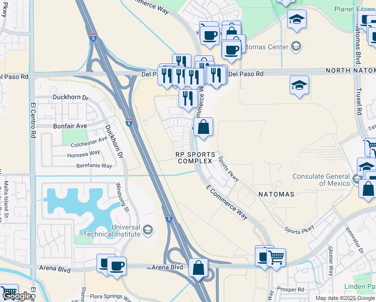 map of restaurants, bars, coffee shops, grocery stores, and more near 4371 Garonne Walk in Sacramento