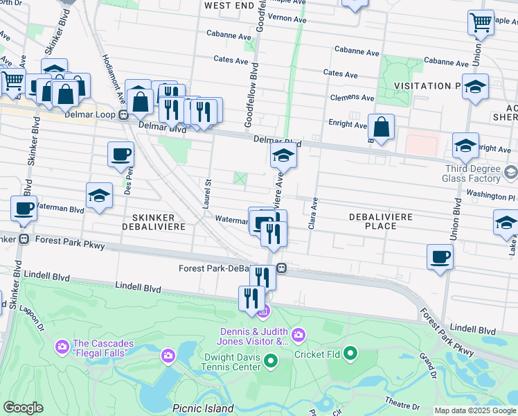 map of restaurants, bars, coffee shops, grocery stores, and more near 5742 McPherson Avenue in St. Louis