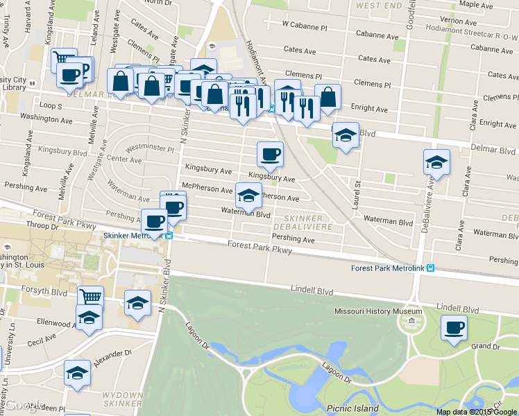map of restaurants, bars, coffee shops, grocery stores, and more near 6031 Waterman Boulevard in St. Louis