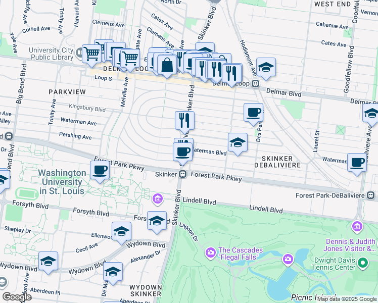 map of restaurants, bars, coffee shops, grocery stores, and more near 6186 Waterman Boulevard in St. Louis