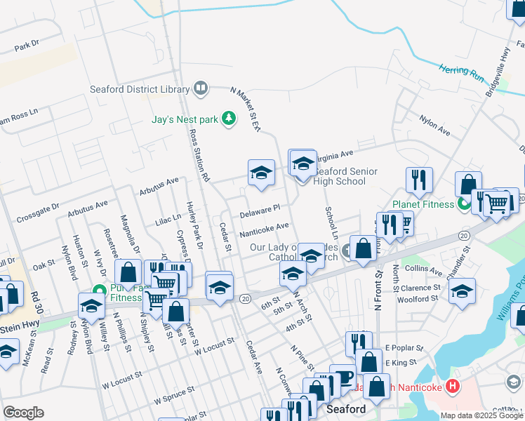 map of restaurants, bars, coffee shops, grocery stores, and more near Delaware Place in Seaford