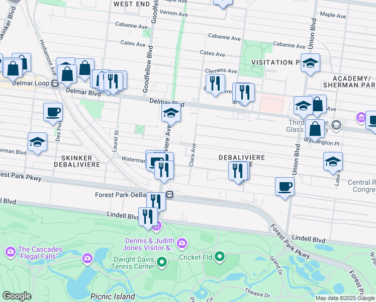 map of restaurants, bars, coffee shops, grocery stores, and more near 5660 Kingsbury Place in St. Louis