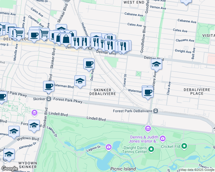 map of restaurants, bars, coffee shops, grocery stores, and more near in St. Louis