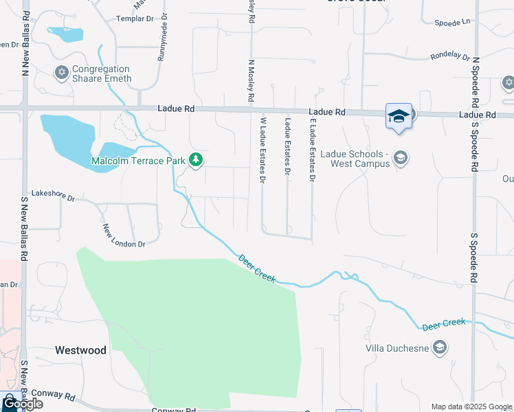 map of restaurants, bars, coffee shops, grocery stores, and more near 17 West Ladue Estates Drive in Creve Coeur