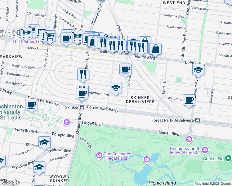 map of restaurants, bars, coffee shops, grocery stores, and more near 6031 Waterman Boulevard in St. Louis