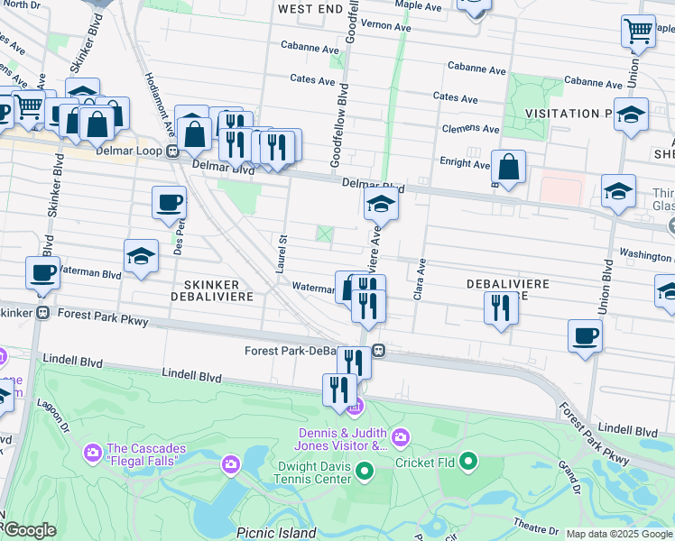 map of restaurants, bars, coffee shops, grocery stores, and more near 5742 McPherson Avenue in St. Louis