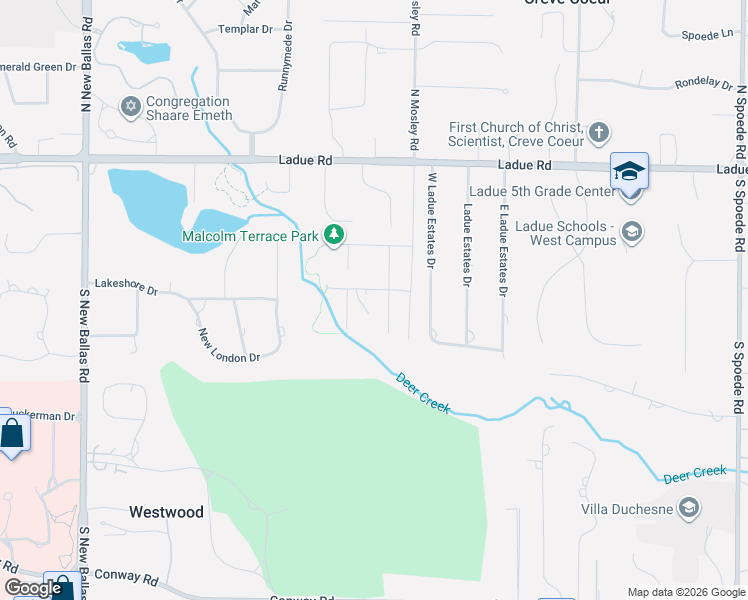 map of restaurants, bars, coffee shops, grocery stores, and more near 319 Eugenia Street in Creve Coeur