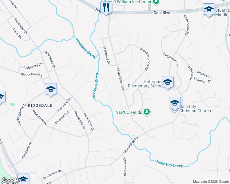 map of restaurants, bars, coffee shops, grocery stores, and more near 13859 Meadowbrook Road in Woodbridge