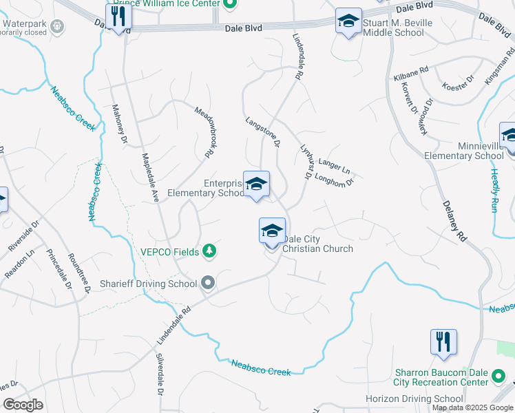 map of restaurants, bars, coffee shops, grocery stores, and more near 13900 Lindendale Road in Woodbridge