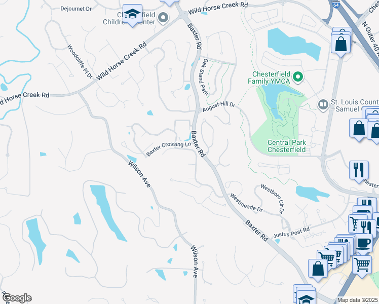 map of restaurants, bars, coffee shops, grocery stores, and more near 1064 Westmeade Drive in Chesterfield