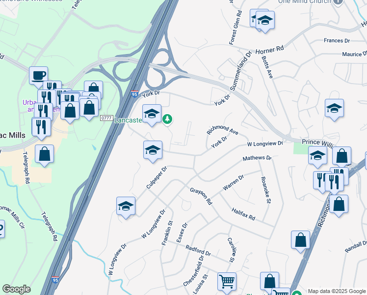 map of restaurants, bars, coffee shops, grocery stores, and more near 13910 Longwood Manor Court in Woodbridge