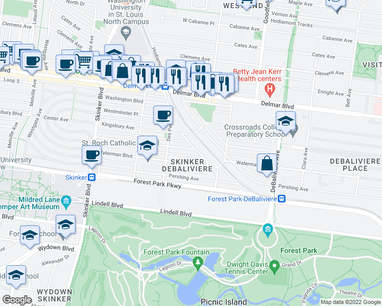 map of restaurants, bars, coffee shops, grocery stores, and more near in St. Louis
