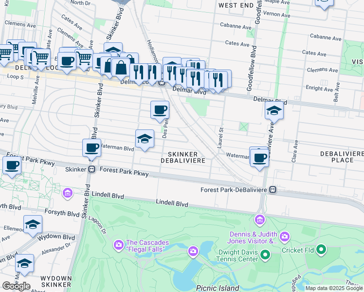map of restaurants, bars, coffee shops, grocery stores, and more near in St. Louis