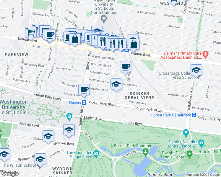 map of restaurants, bars, coffee shops, grocery stores, and more near in St. Louis