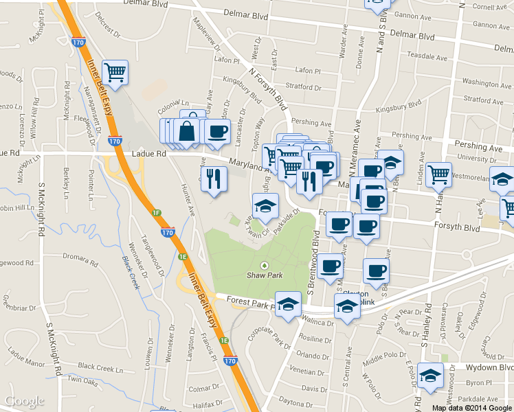 map of restaurants, bars, coffee shops, grocery stores, and more near 23 Topton Way in Clayton
