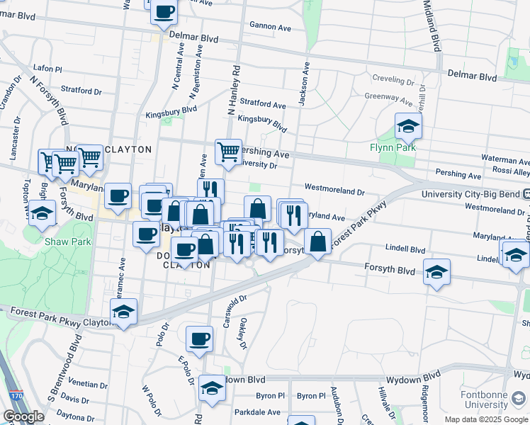 map of restaurants, bars, coffee shops, grocery stores, and more near 15 Lee Avenue in Clayton