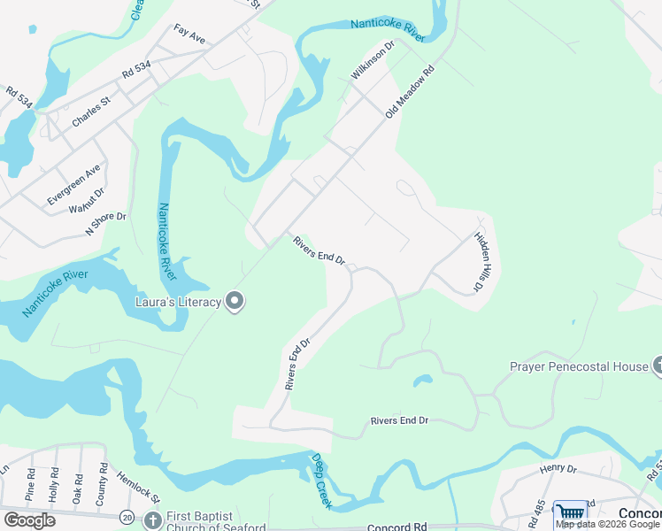 map of restaurants, bars, coffee shops, grocery stores, and more near 1 Rivers End Drive in Seaford