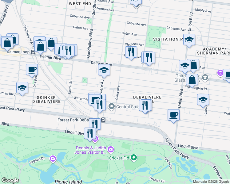 map of restaurants, bars, coffee shops, grocery stores, and more near 5660 Kingsbury Place in St. Louis