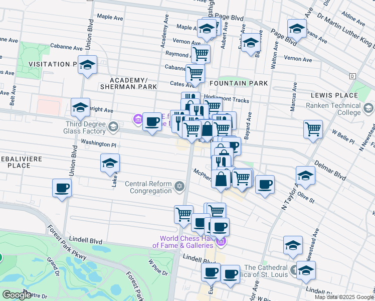 map of restaurants, bars, coffee shops, grocery stores, and more near 5001 Washington Place in St. Louis