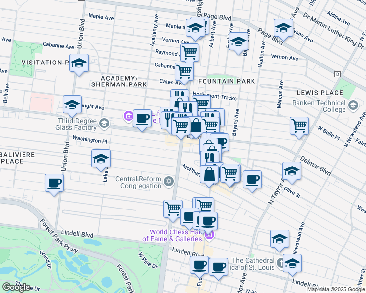 map of restaurants, bars, coffee shops, grocery stores, and more near 600 North Kingshighway Boulevard in Saint Louis