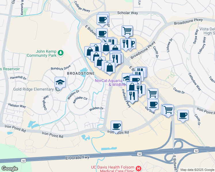 map of restaurants, bars, coffee shops, grocery stores, and more near 1382 Broadstone Parkway in Folsom