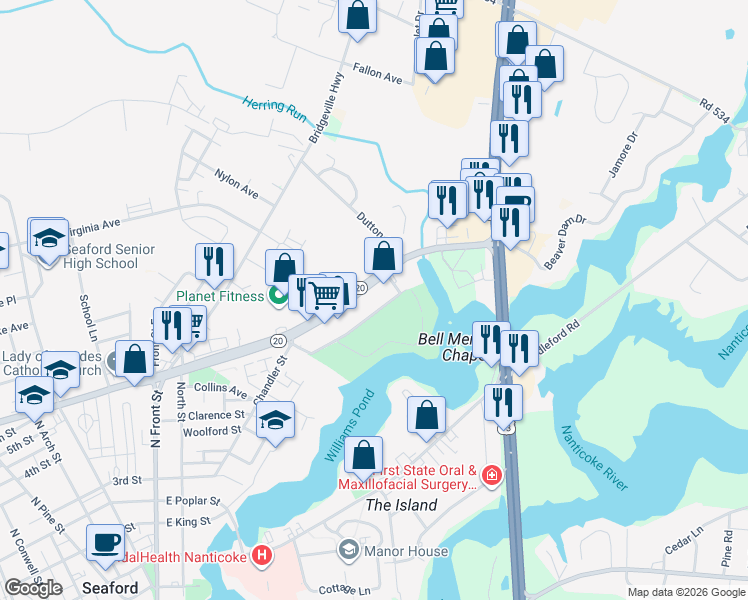 map of restaurants, bars, coffee shops, grocery stores, and more near Little League Drive in Seaford