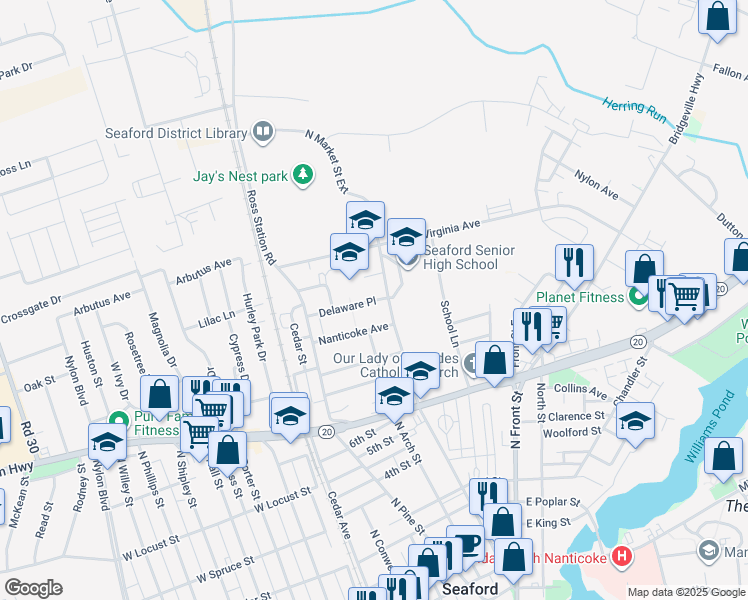 map of restaurants, bars, coffee shops, grocery stores, and more near Delaware Place in Seaford