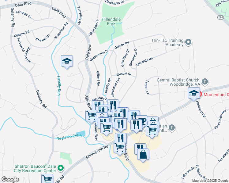 map of restaurants, bars, coffee shops, grocery stores, and more near 13817 Greenwood Drive in Woodbridge