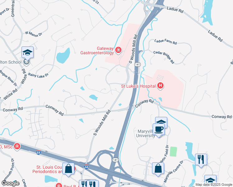 map of restaurants, bars, coffee shops, grocery stores, and more near 345 South Woods Mill Road in Chesterfield