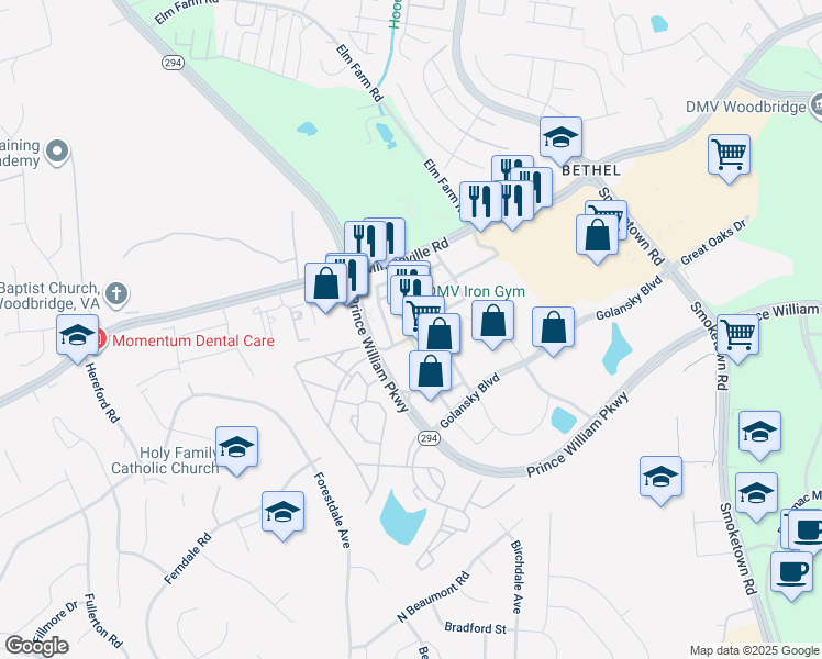 map of restaurants, bars, coffee shops, grocery stores, and more near 14055 Noblewood Plaza in Woodbridge