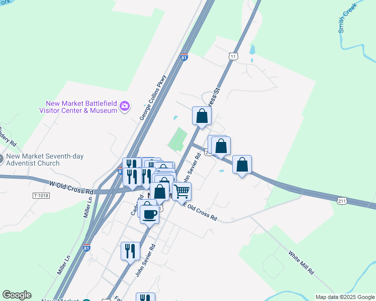 map of restaurants, bars, coffee shops, grocery stores, and more near 740 Breckinridge Road in New Market