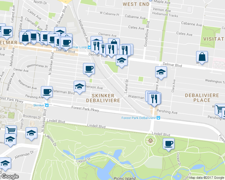 map of restaurants, bars, coffee shops, grocery stores, and more near 5837 Nina Place in St. Louis