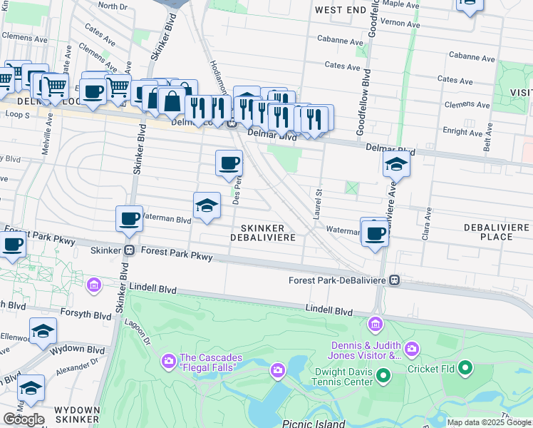 map of restaurants, bars, coffee shops, grocery stores, and more near in St. Louis