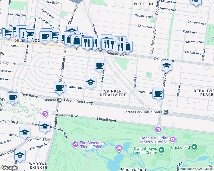 map of restaurants, bars, coffee shops, grocery stores, and more near 5959 Waterman Boulevard in St. Louis