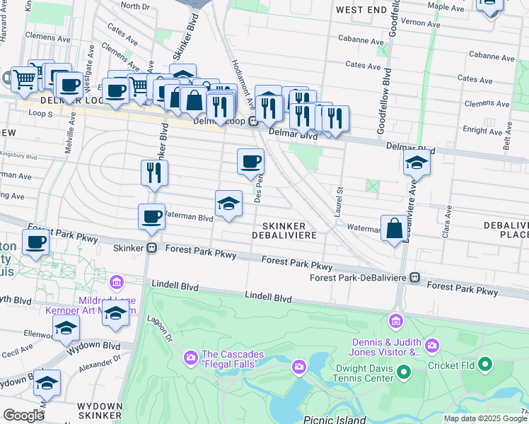 map of restaurants, bars, coffee shops, grocery stores, and more near 5959 Waterman Boulevard in St. Louis