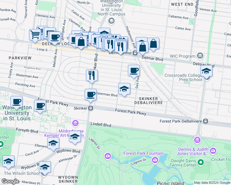 map of restaurants, bars, coffee shops, grocery stores, and more near in St. Louis