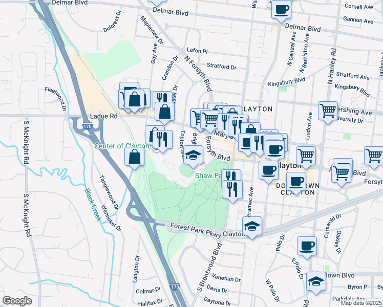 map of restaurants, bars, coffee shops, grocery stores, and more near 23 Topton Way in Clayton