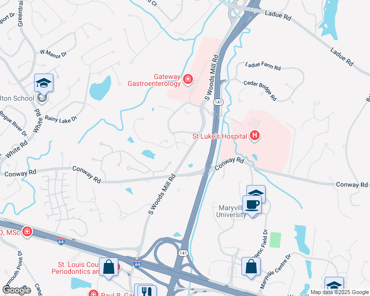 map of restaurants, bars, coffee shops, grocery stores, and more near 345 South Woods Mill Road in Chesterfield