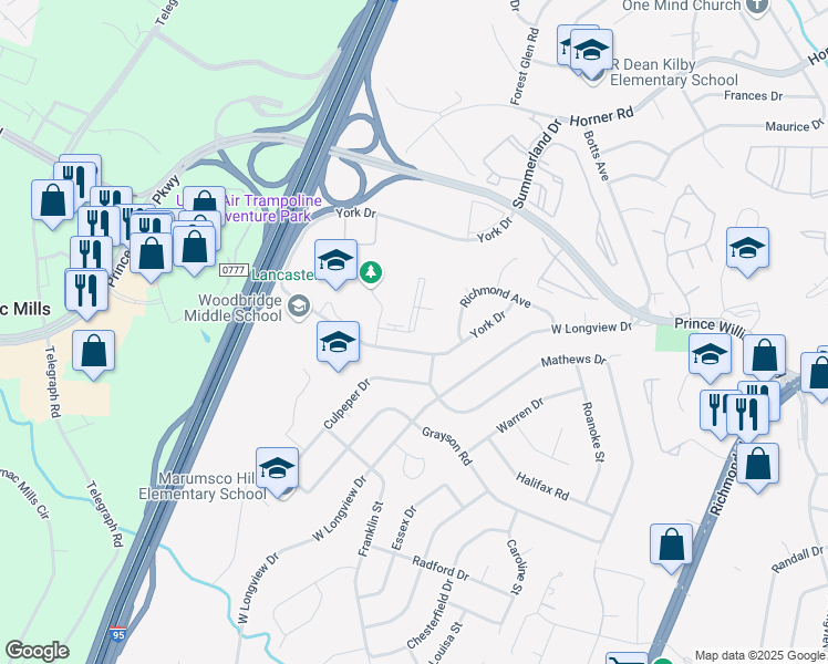 map of restaurants, bars, coffee shops, grocery stores, and more near 13901 Longwood Manor Court in Woodbridge
