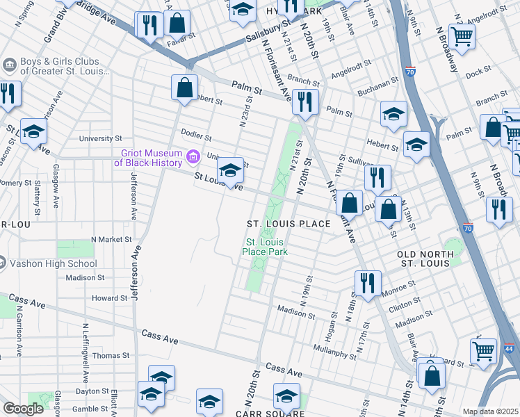 map of restaurants, bars, coffee shops, grocery stores, and more near 2707 Rauschenbach Avenue in St. Louis