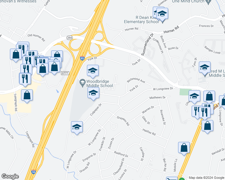 map of restaurants, bars, coffee shops, grocery stores, and more near 13901 Longwood Manor Court in Woodbridge
