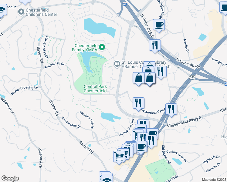 map of restaurants, bars, coffee shops, grocery stores, and more near 16150 Park Circle Drive in Chesterfield