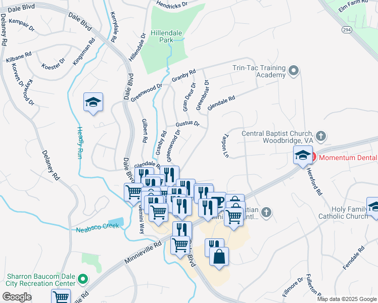 map of restaurants, bars, coffee shops, grocery stores, and more near 4218 Glendale Road in Woodbridge