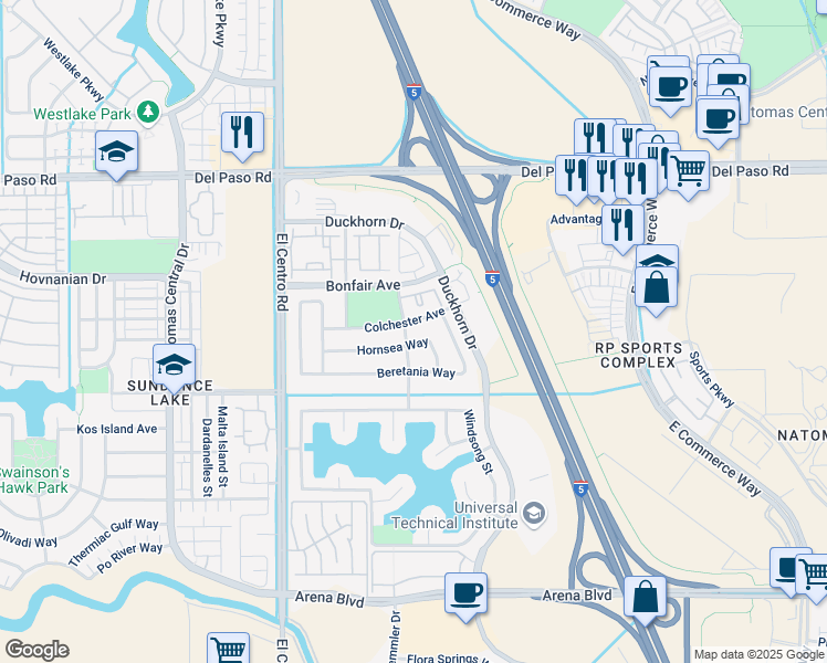 map of restaurants, bars, coffee shops, grocery stores, and more near 4352 Gibraltar Street in Sacramento