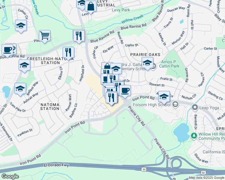 map of restaurants, bars, coffee shops, grocery stores, and more near 1840 Prairie City Road in Folsom