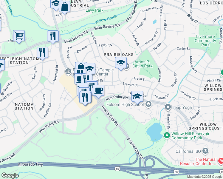 map of restaurants, bars, coffee shops, grocery stores, and more near 1550 Iron Point Road in Folsom