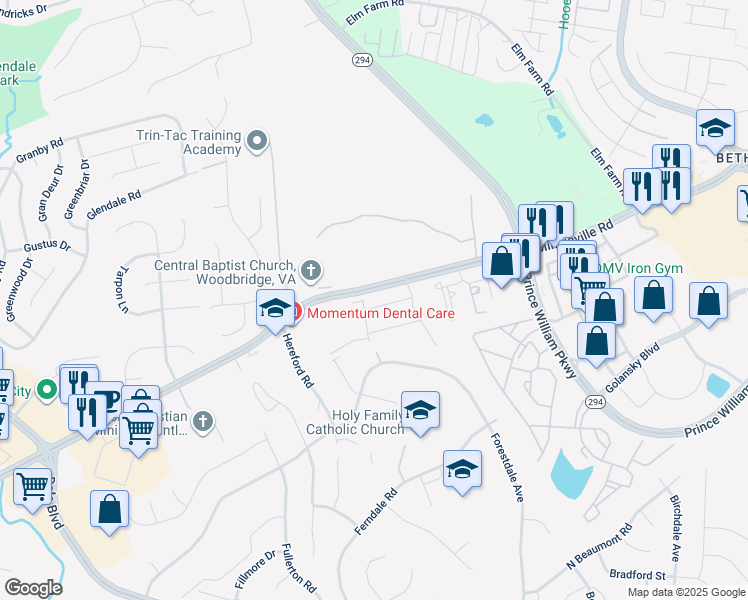 map of restaurants, bars, coffee shops, grocery stores, and more near 3720 Havertill Lane in Woodbridge