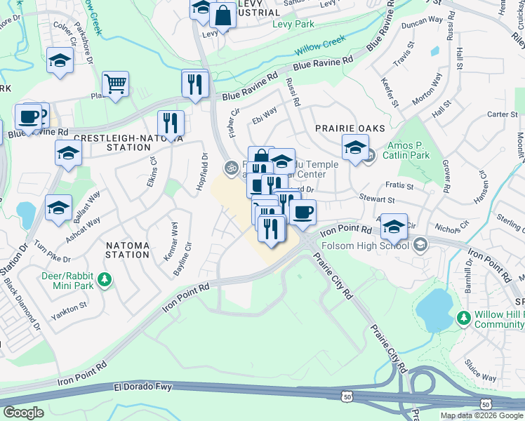 map of restaurants, bars, coffee shops, grocery stores, and more near 1750 Willard Drive in Folsom